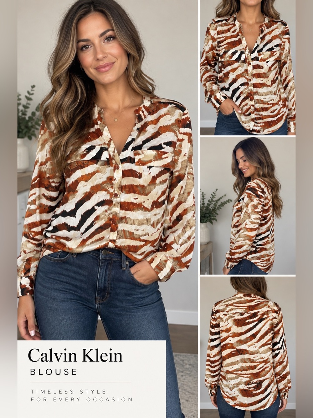 Calvin Klein Abstract Animal Print Blouse Medium Brown Rust Cream Long Sleeve